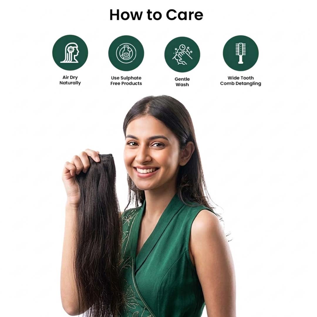 Woman holding hair extensions with care instructions on a white background