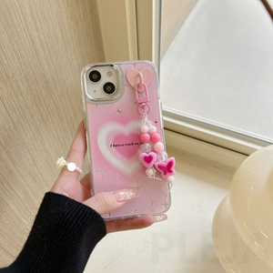Kawaii Pink Aura Heart Case With Beaded Charm