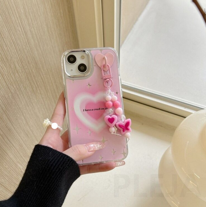 Kawaii Pink Aura Heart Case With Beaded Charm